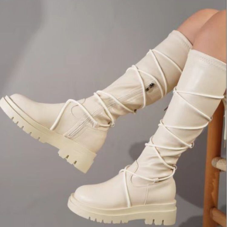 Lace-Up Platform Boots White Long Cowboy Women