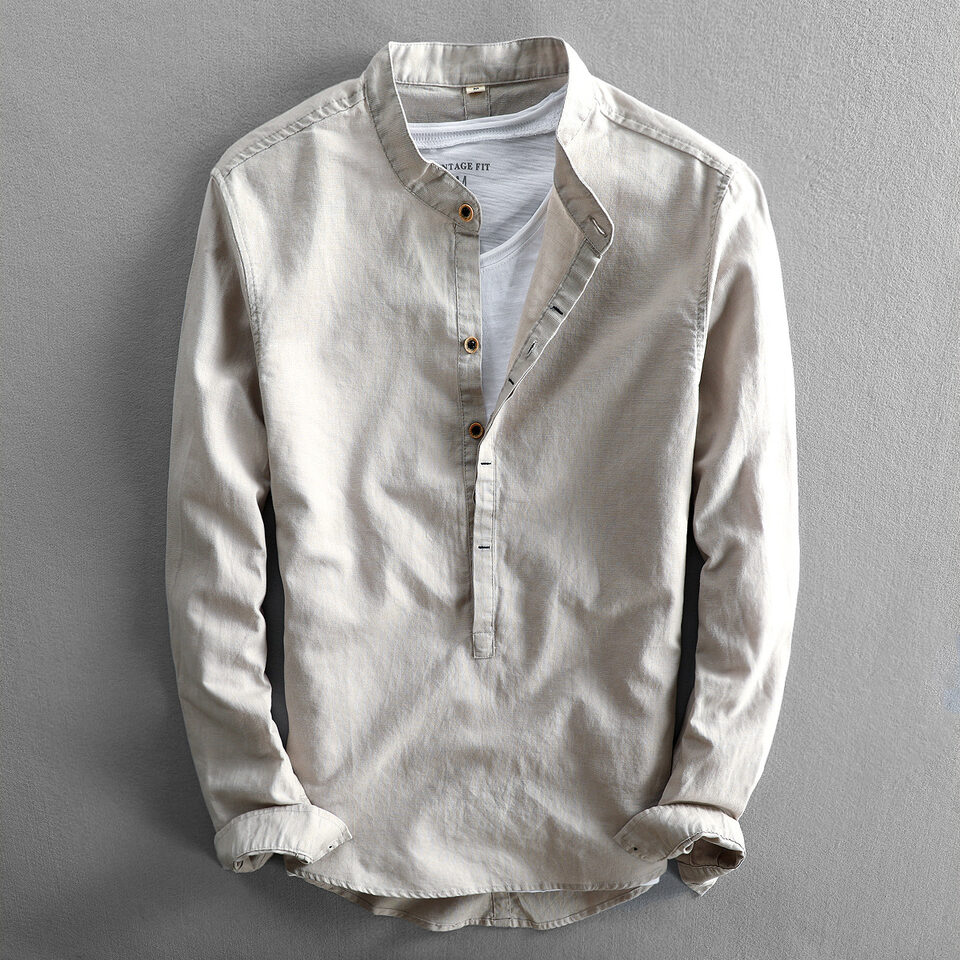 Simple Men's Casual Long Linen Sleeves Shirt Loose