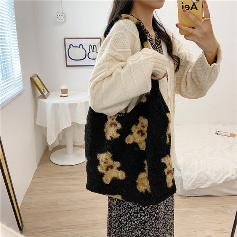 Cute Bear Print Bags Winter Lamb Shoulder Bag