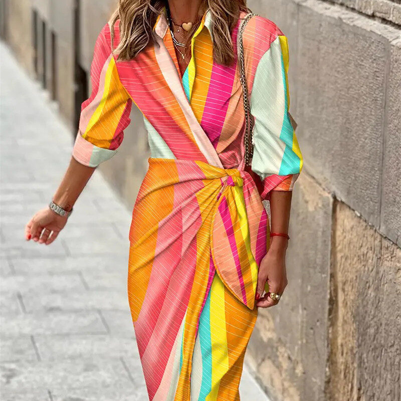 Fashion Printed Shirt Dress With Belt Slim Fit