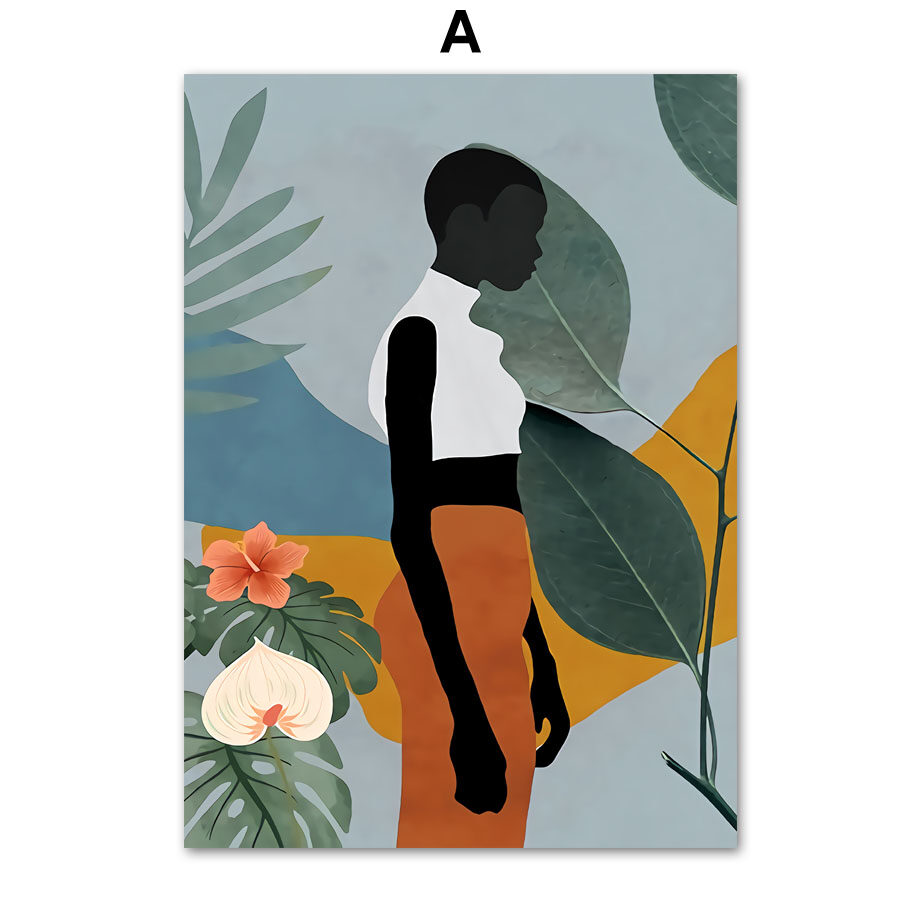 Abstract African Women Flower Leaf Mural Art Canvas