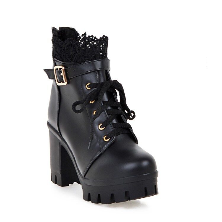 Lace Ankle Boots Lace-up Square Heeled Shoes Women