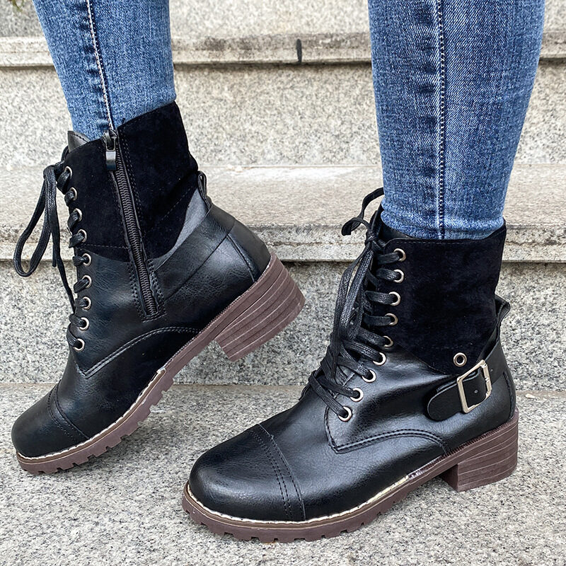 Lace-up Boots Winter Buckle Cowboy Women Low Heel