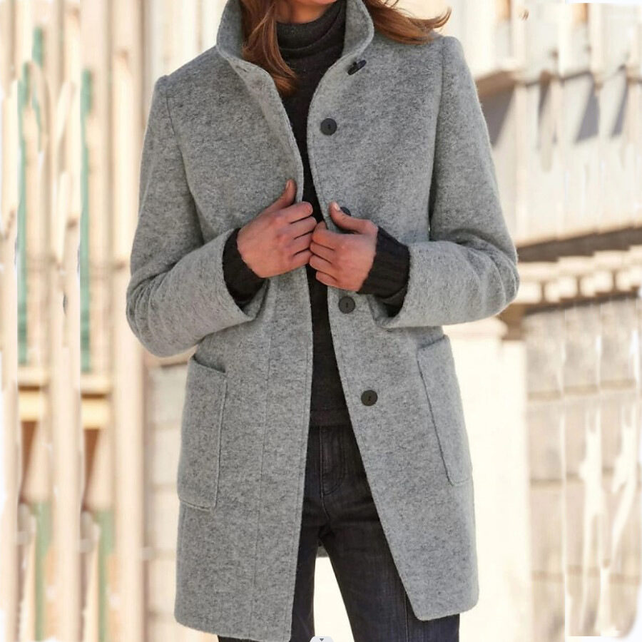 Fashion Stand Collar Woolen Coat With Pockets Fall