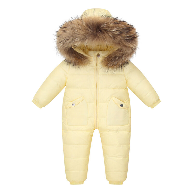 The Baby Wears White Eiderdown Over A Onesie