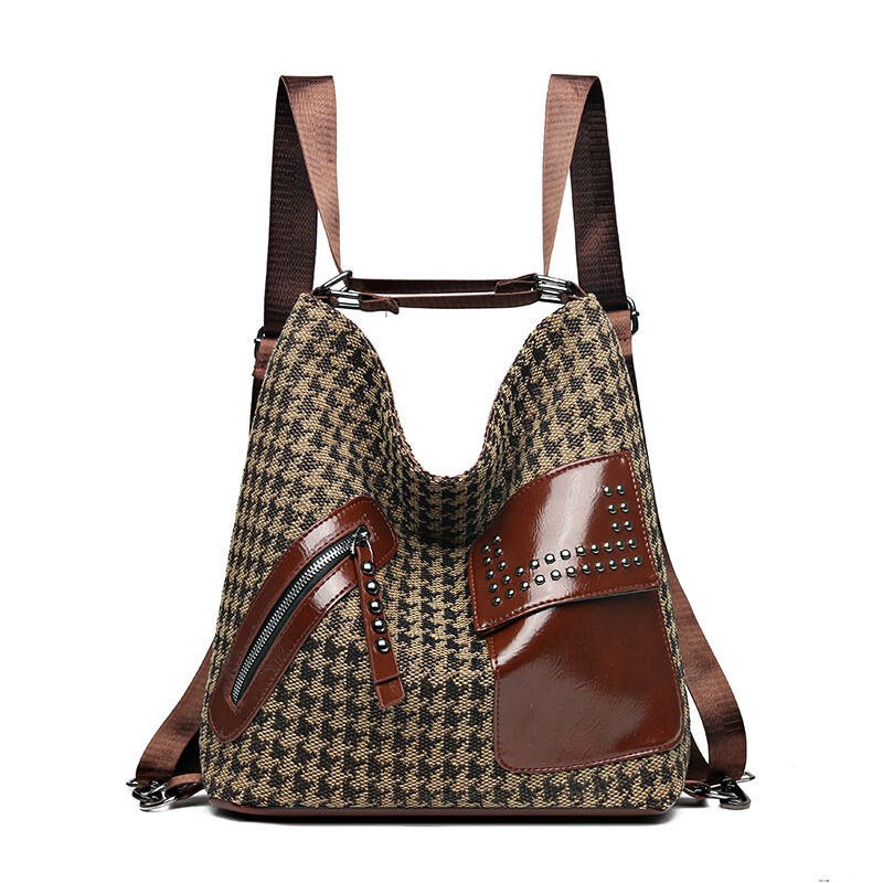 Houndstooth Backpack Women Fashion Rivet Design Leopard Shoulder