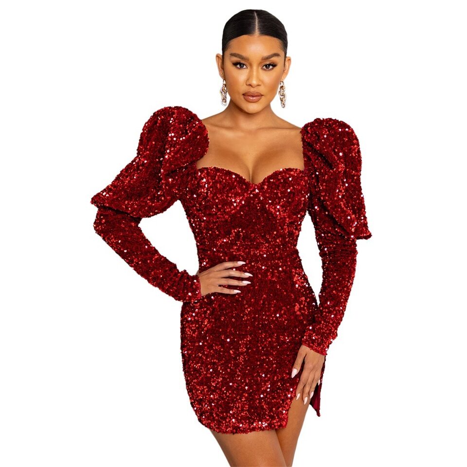 Sequin Backless Padded Shoulder Bubble Sleeve Party Dresses