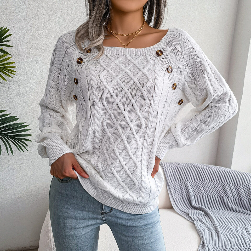 Square Neck Knitted Sweater With Button Design Winter