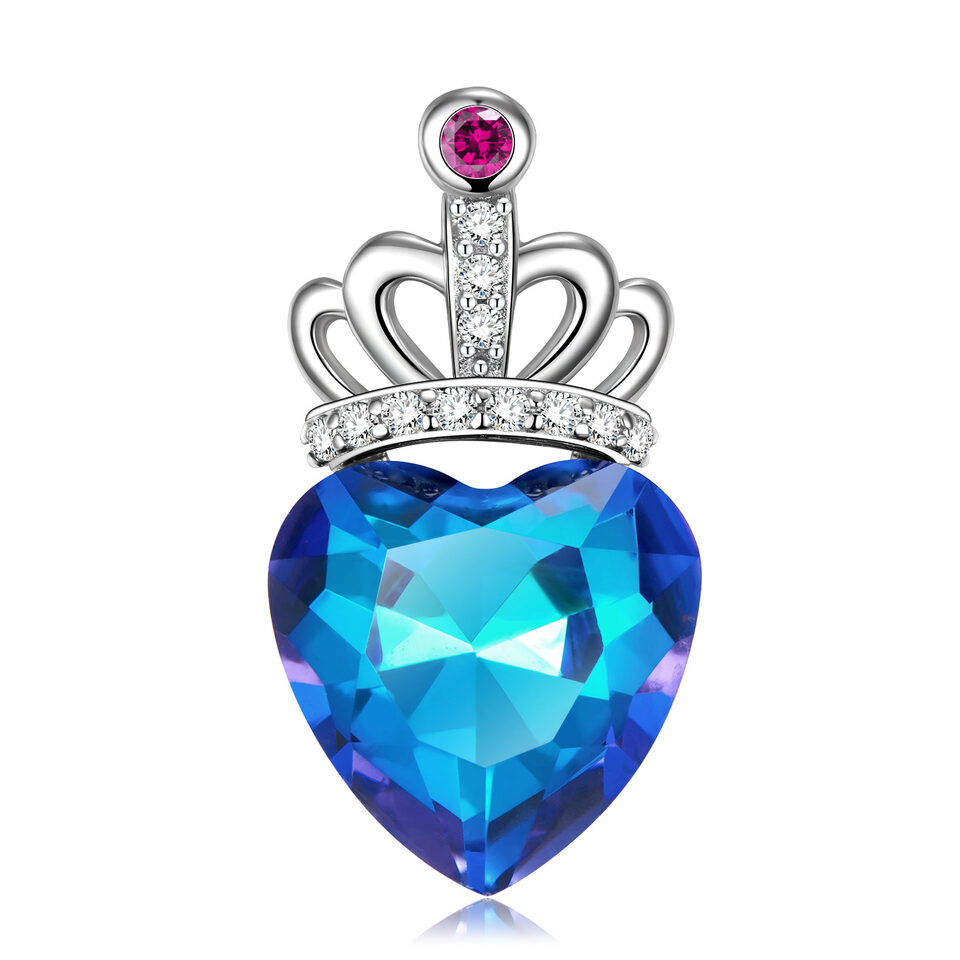 Blue Light Peach Heart Crown Necklace S925 Sterling