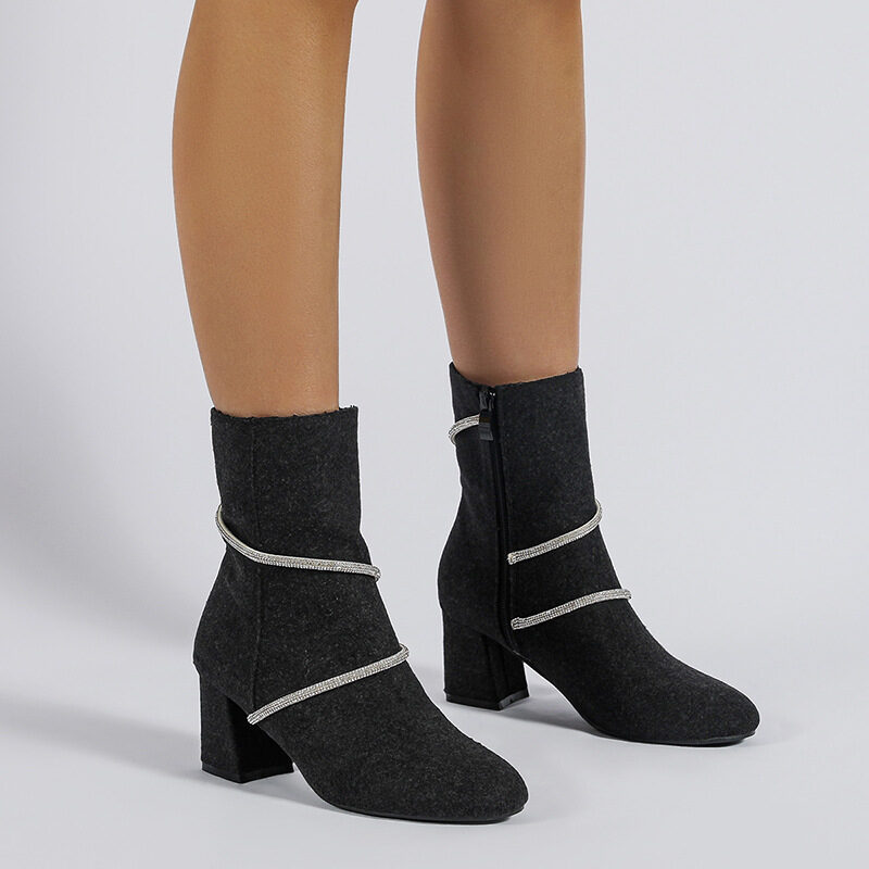 Chunky Mid Heel Boots With Rhinestone Chain Design