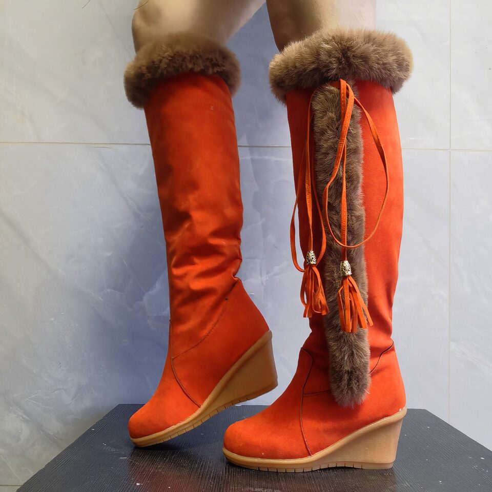 Winter Plush Long Boots For Women Combat Wedges