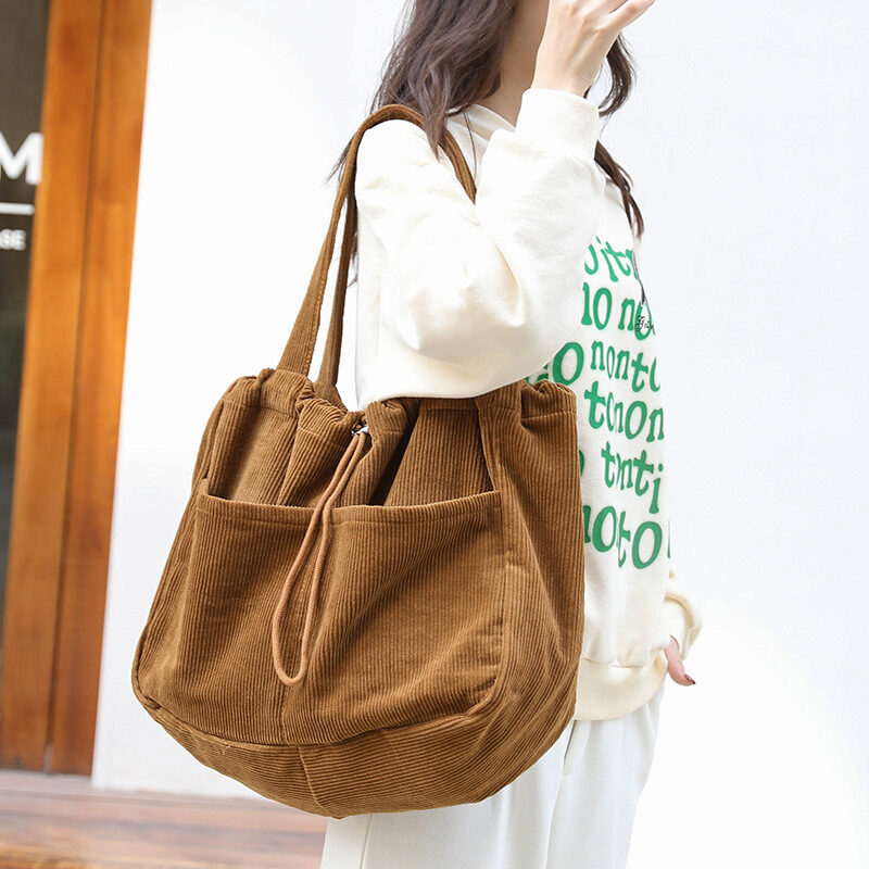Ins Corduroy Shoulder Bags Drawstring Multi-pocket Handbag Women