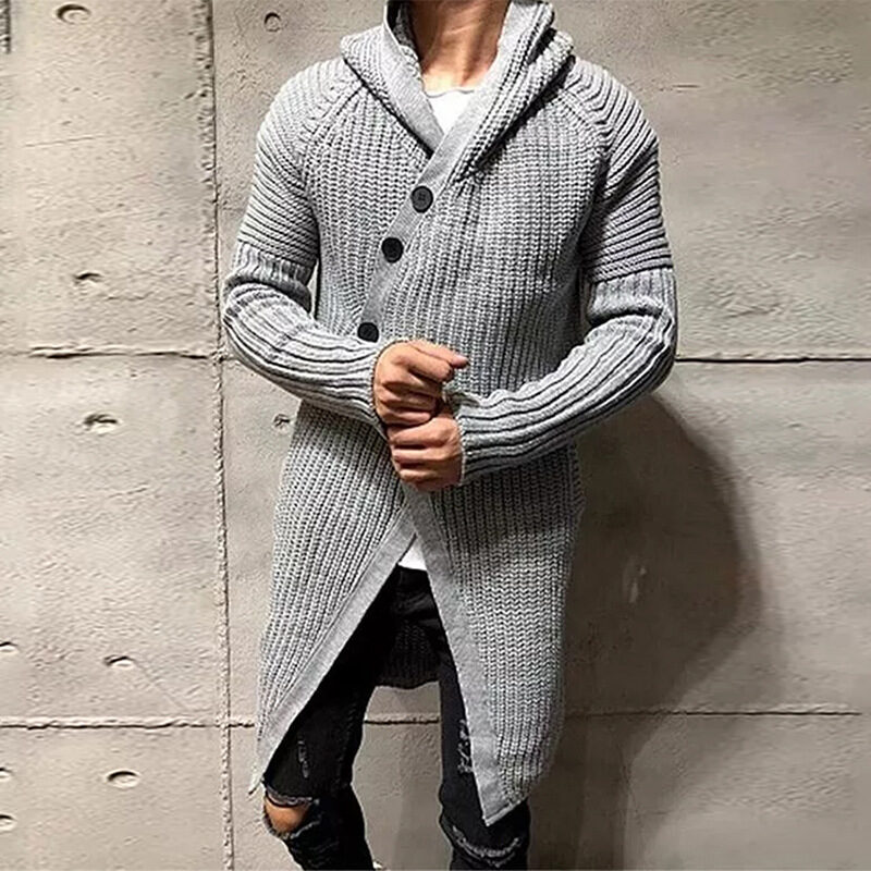 Long Knitted Hooded Sweater Coat Men Solid Color