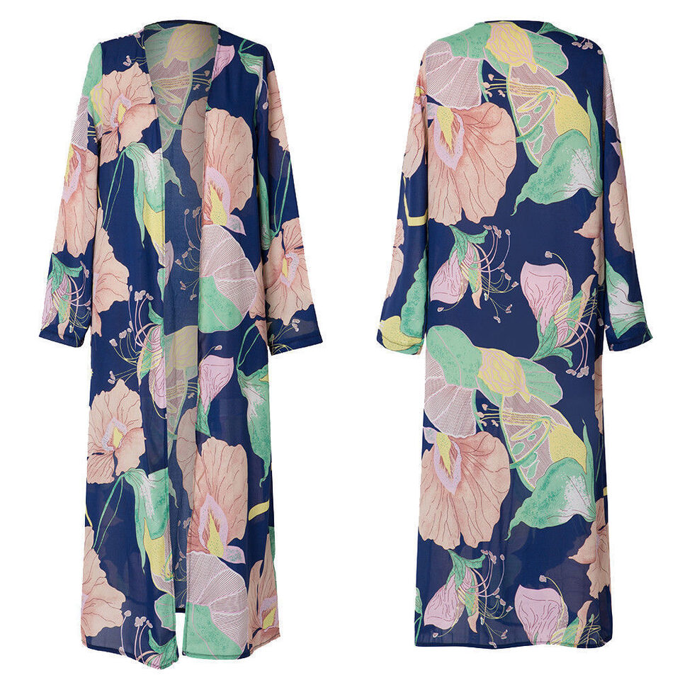 European and American printed chiffon cardigan plus long