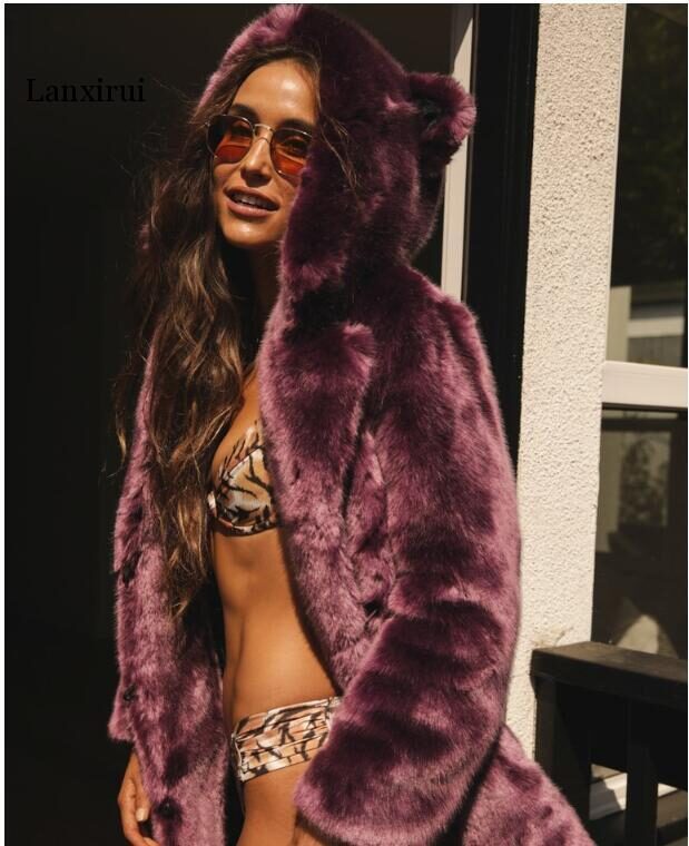 Faux Fur Coats Women Warm Long Sleeve Hooded