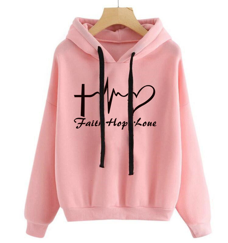 Heart Print Hoodie Sweatshirt Pullover Tops Women Long
