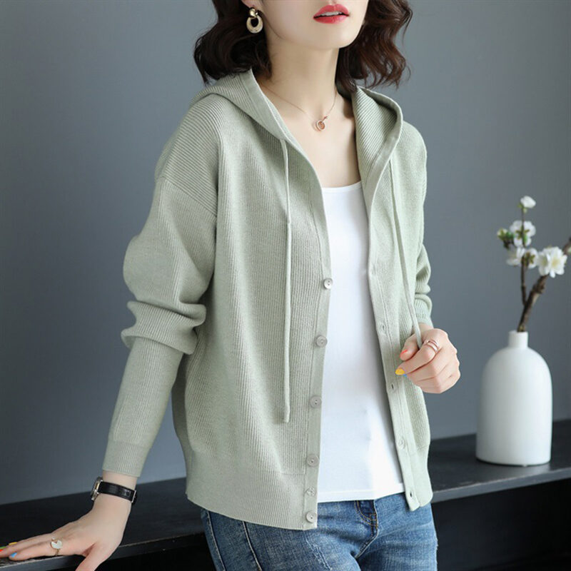 Hooded Sweater Coat Women Long Sleeve Single-breasted Sweaters