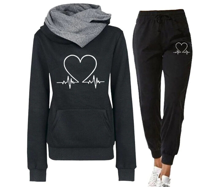 Love Heart Printed Sports Suit Hooded Sweatshirt Top