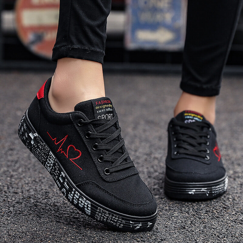 Love Print Canvas Shoes Women Men Flats Lace-up