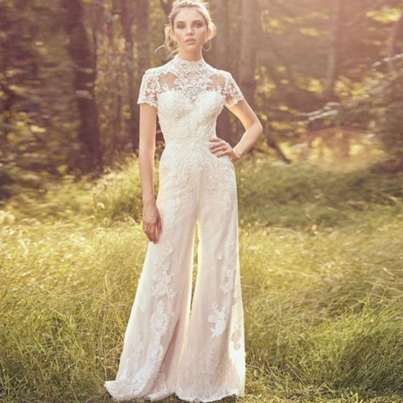 Bride Pants Suit Wedding Bridal Gowns Short Sleeve