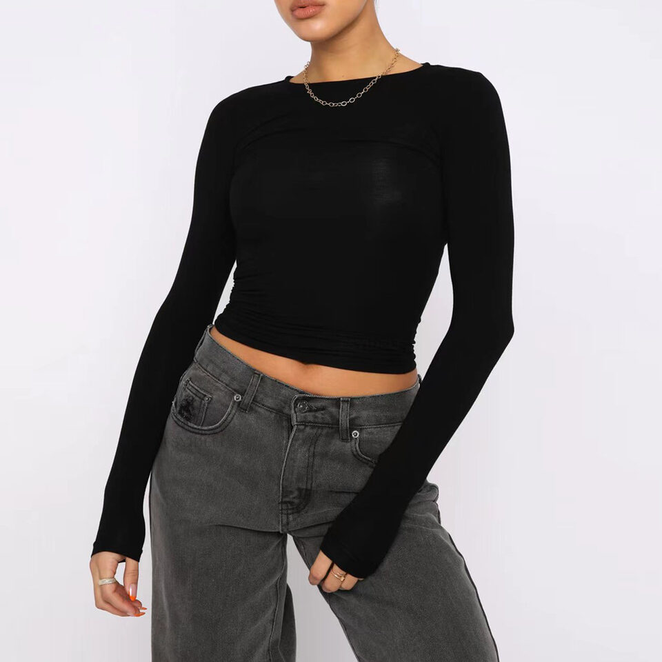 Women's Clothing Fashion Slim Long-sleeved Pullovers Tops Solid