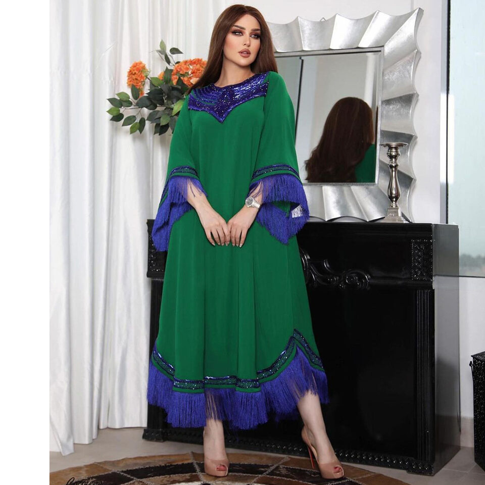 Morocco Women Sequins Tassel Muslim Abaya Kaftan Evening