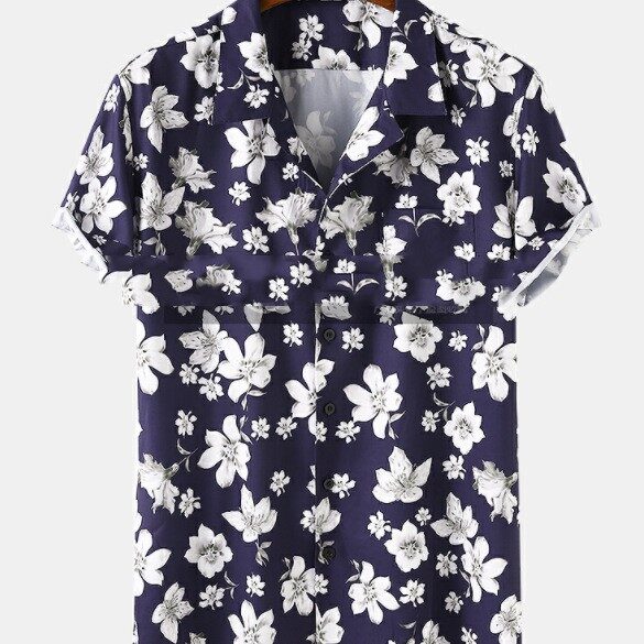 Mens Peach Blossom Floral Print Short Sleeve Holiday