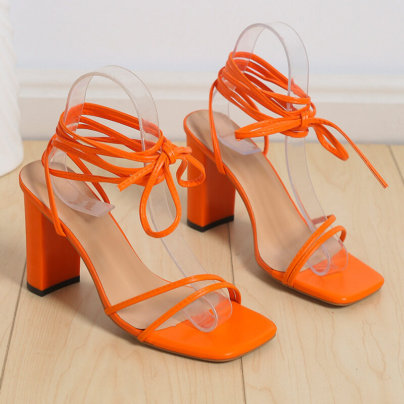 Lace Up Strappy Sandals Summer Chunky Heel Square