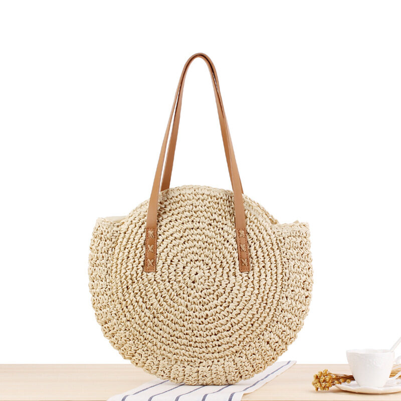 Simple Round Shoulder Bag Straw Handbag Summer Beach