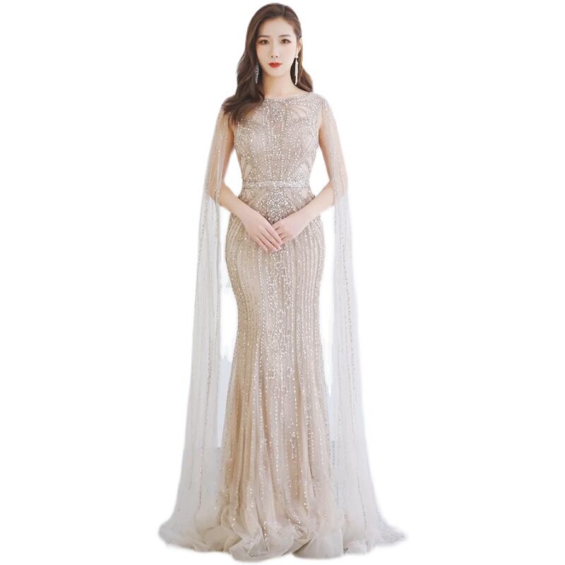 Fishtail Zipper Floating Sleeve Long Host Dress