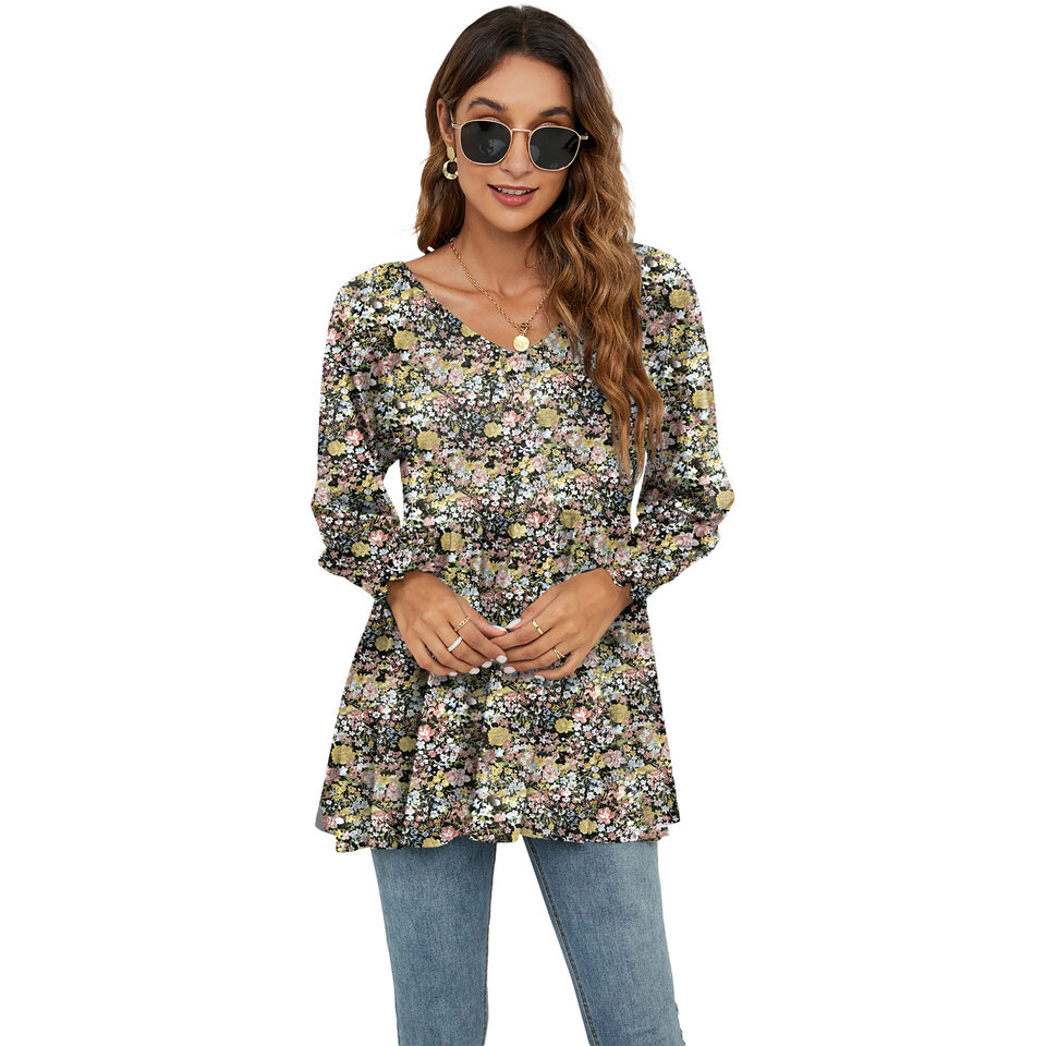 Long Puff Sleeve Tops Women Flowers Print Casual