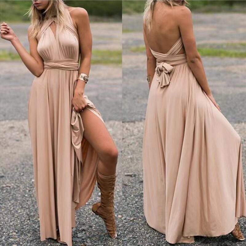 V-neck Long Dress Women Cross Strap Beauty Back