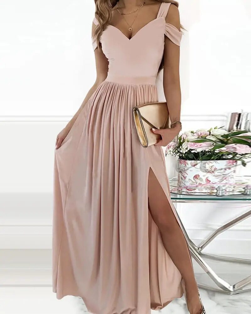 V-neck Boho Spaghetti Strap Dress Women Split Long