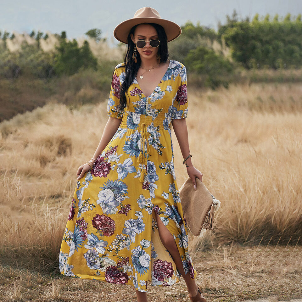 Floral Summer Beach Dress With V Neck Elastic