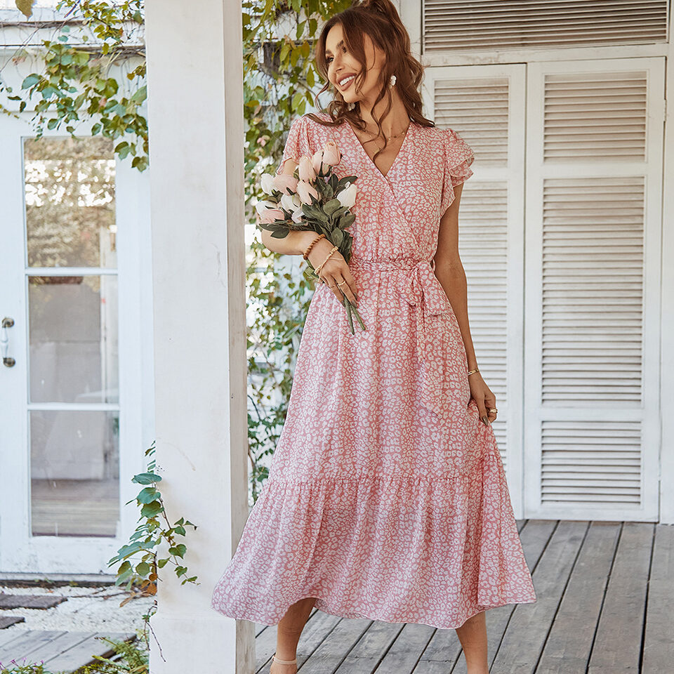 Summer Dresses Ruffle Cap Sleeve V Neck Belt