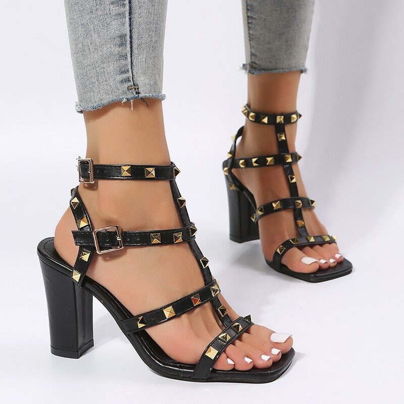 Rivet Sandals Women Buckle Strap Square-toe High Heels