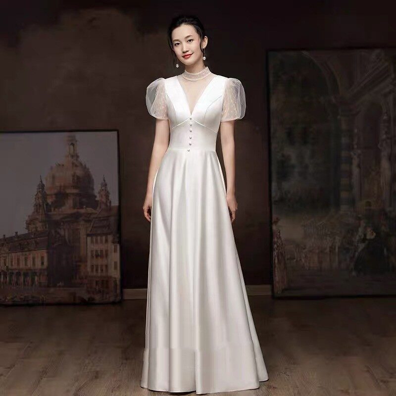 White Engagement Wedding Dress Female French Satin Light
