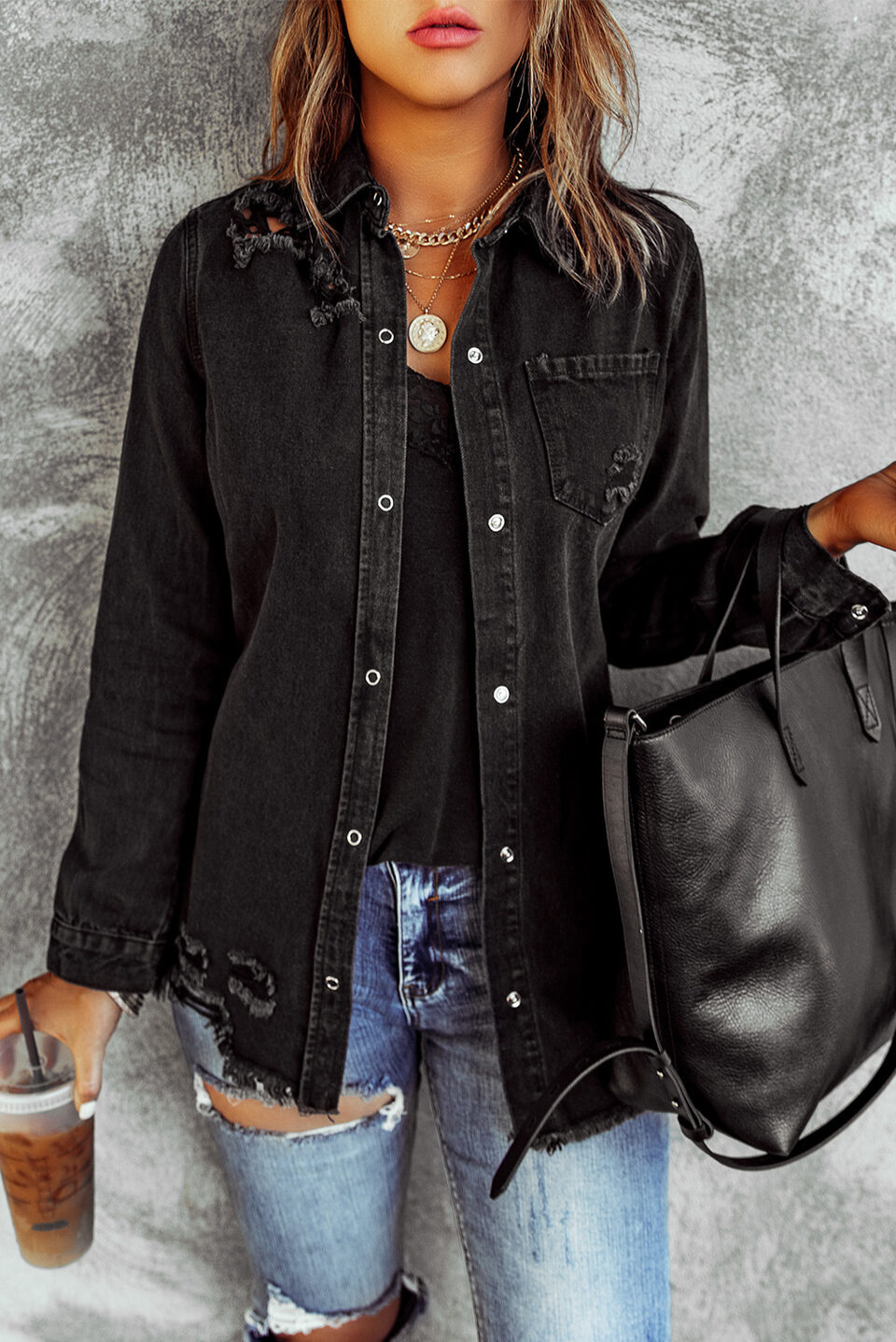 Black Ripped Shirt Denim Long Sleeve Coat Jacket