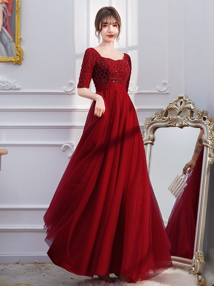 Wine Red Engagement Back Door Evening Dress Female