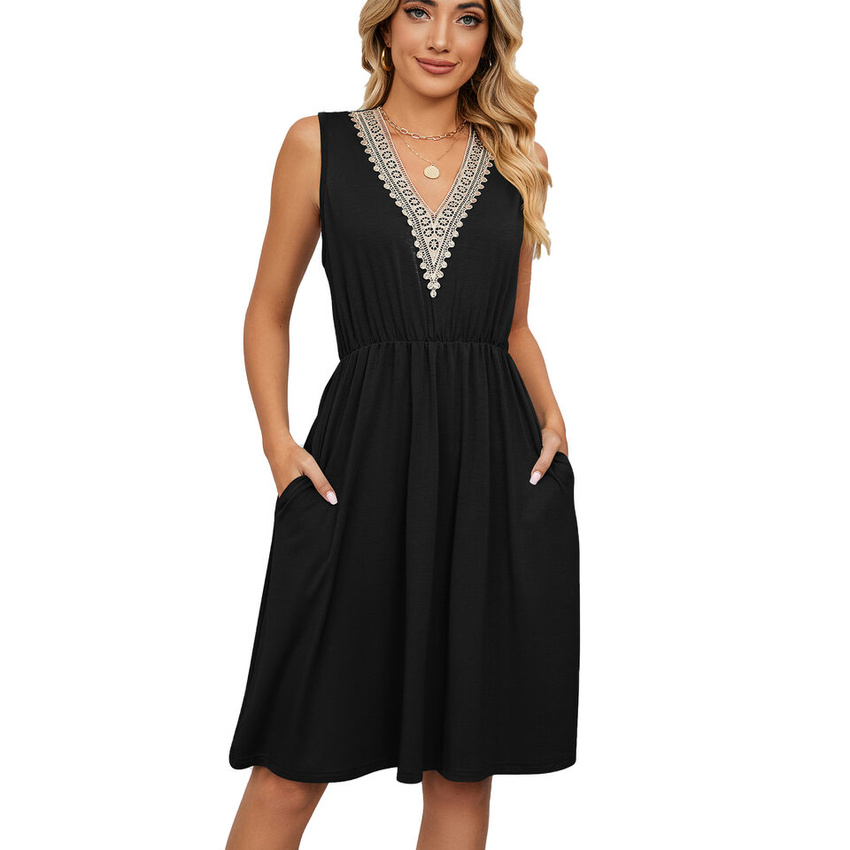 Lace Panel Sleeveless Dresss With Pocket V-neck Dresses