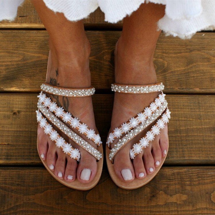 Women's Sandals Mules Boho Beach Shoes Rhinestone Lace