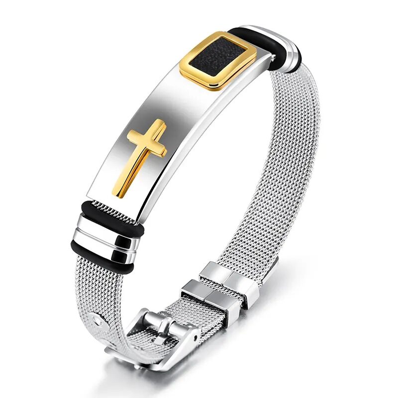 Men's Adjustable Bracelet 3D Cross Stainless Steel Mesh