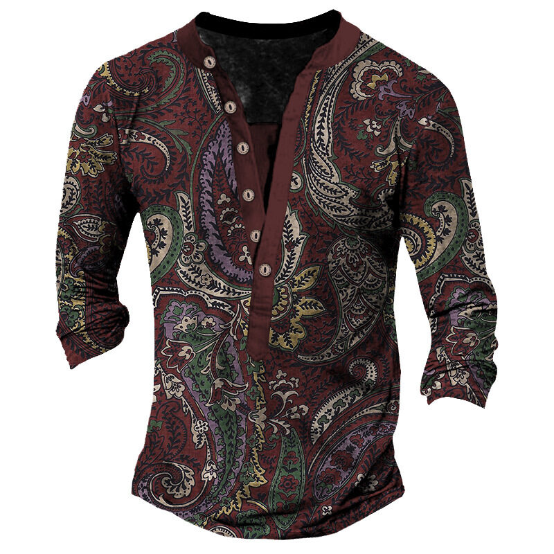 Printed Retro Fashion Casual Henry Neck Long Sleeves