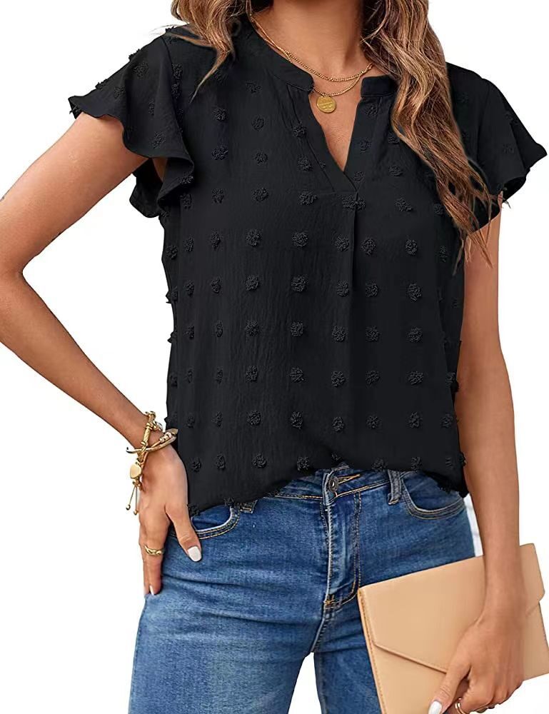 Women Summer V Neck Ruffle Short Sleeve Blouse