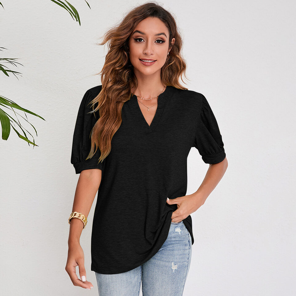 Women's Pleated Puff Sleeve Tops Summer V Neck