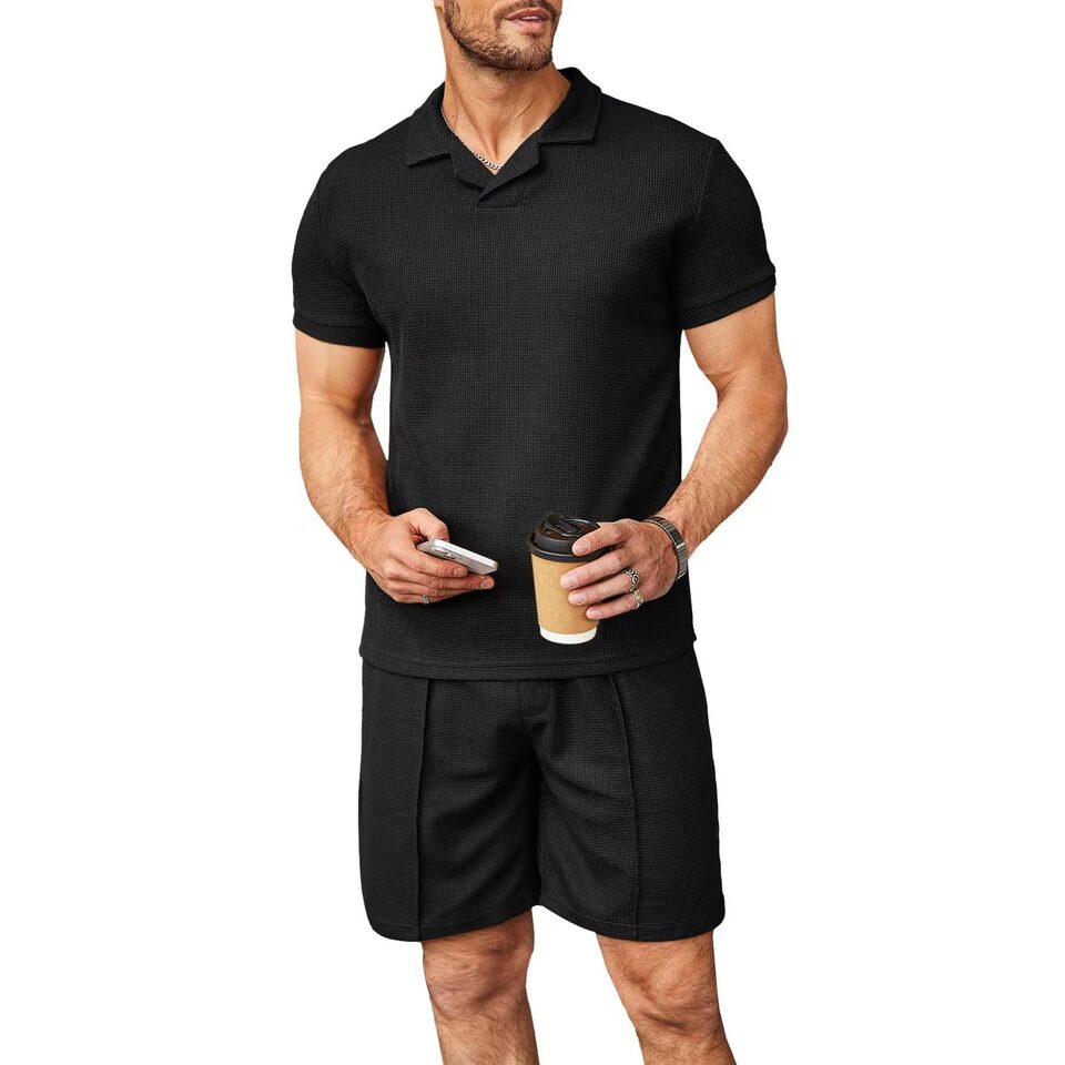 2pcs Set Men V Neck Polo Shirt Lapel