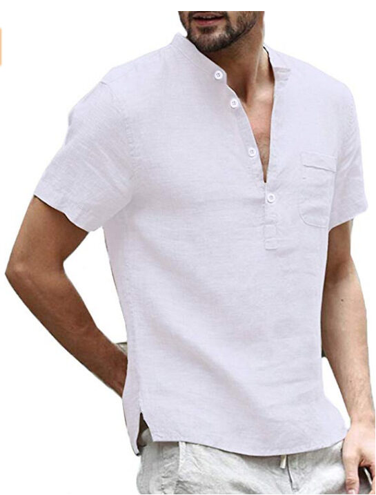 Casual Linen Solid Color Shirt Button V Neck