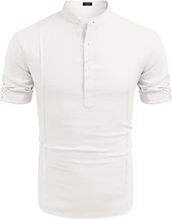 Henley Style Linen Shirt Men Casual Beach Short