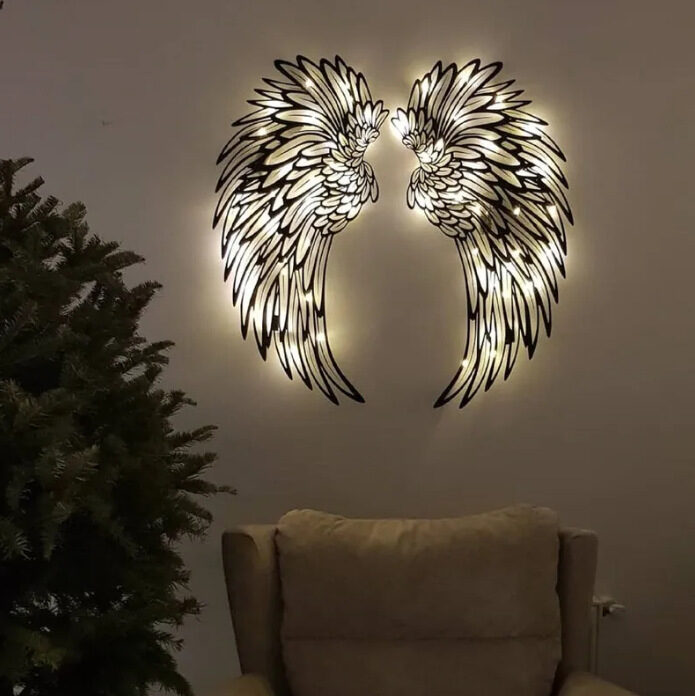 Carved Metal Wall Decor Art With Light Angel
