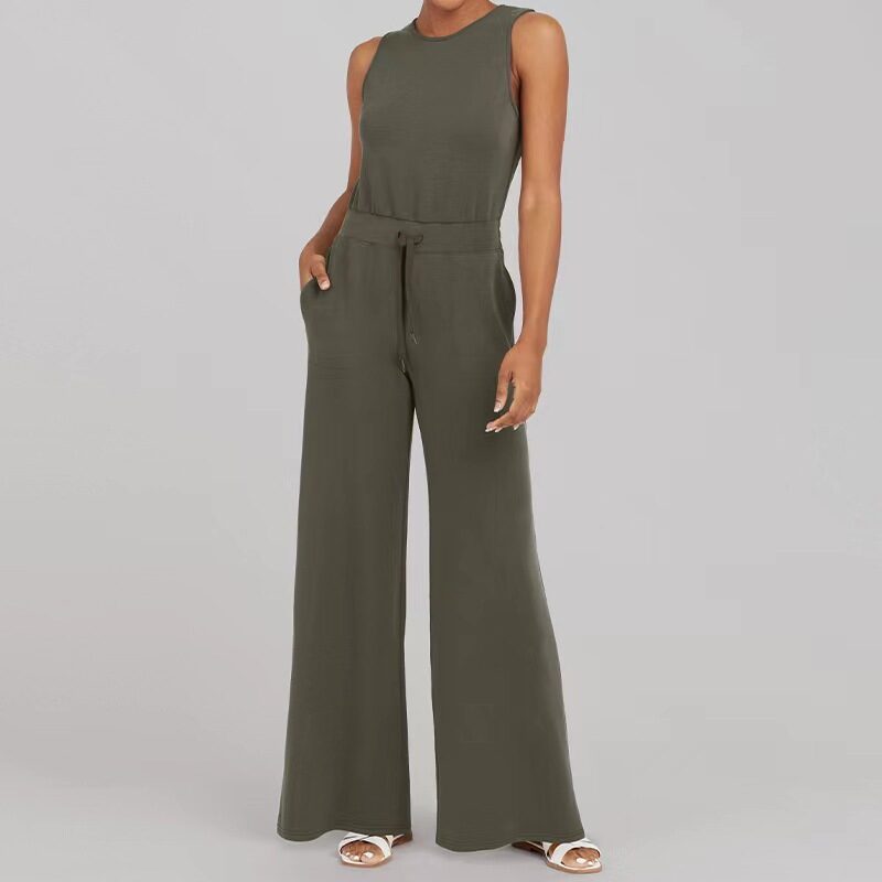 Solid Color Jumpsuit Sleeveless Tops Tie Elastic Pants